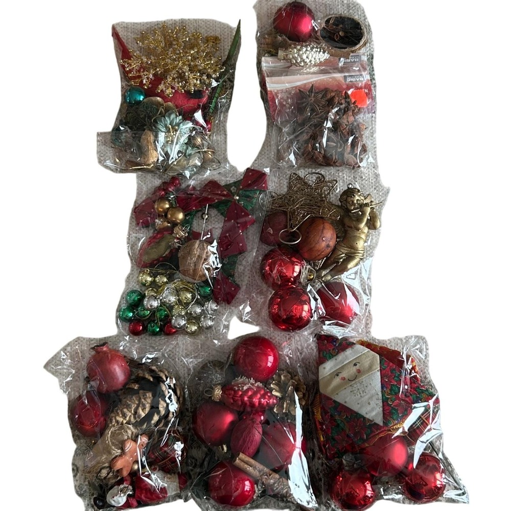 Red Gold Christmas Ornament Craft Lot Mixed Media Holiday Decor Rustic